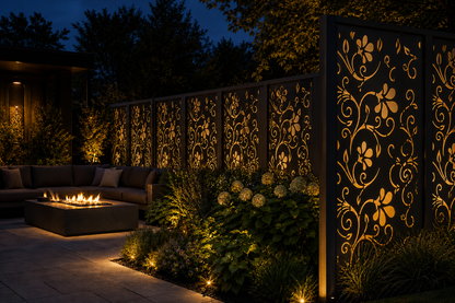 Design 012 Flower Vine Laser Cut Metal Privacy Screen Panel installed garden night lighting view