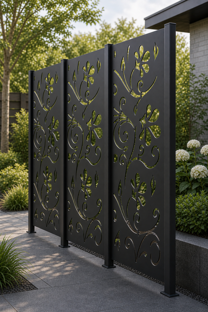 Design 012 Flower Vine Laser Cut Metal Privacy Screen Panel oblique angle view