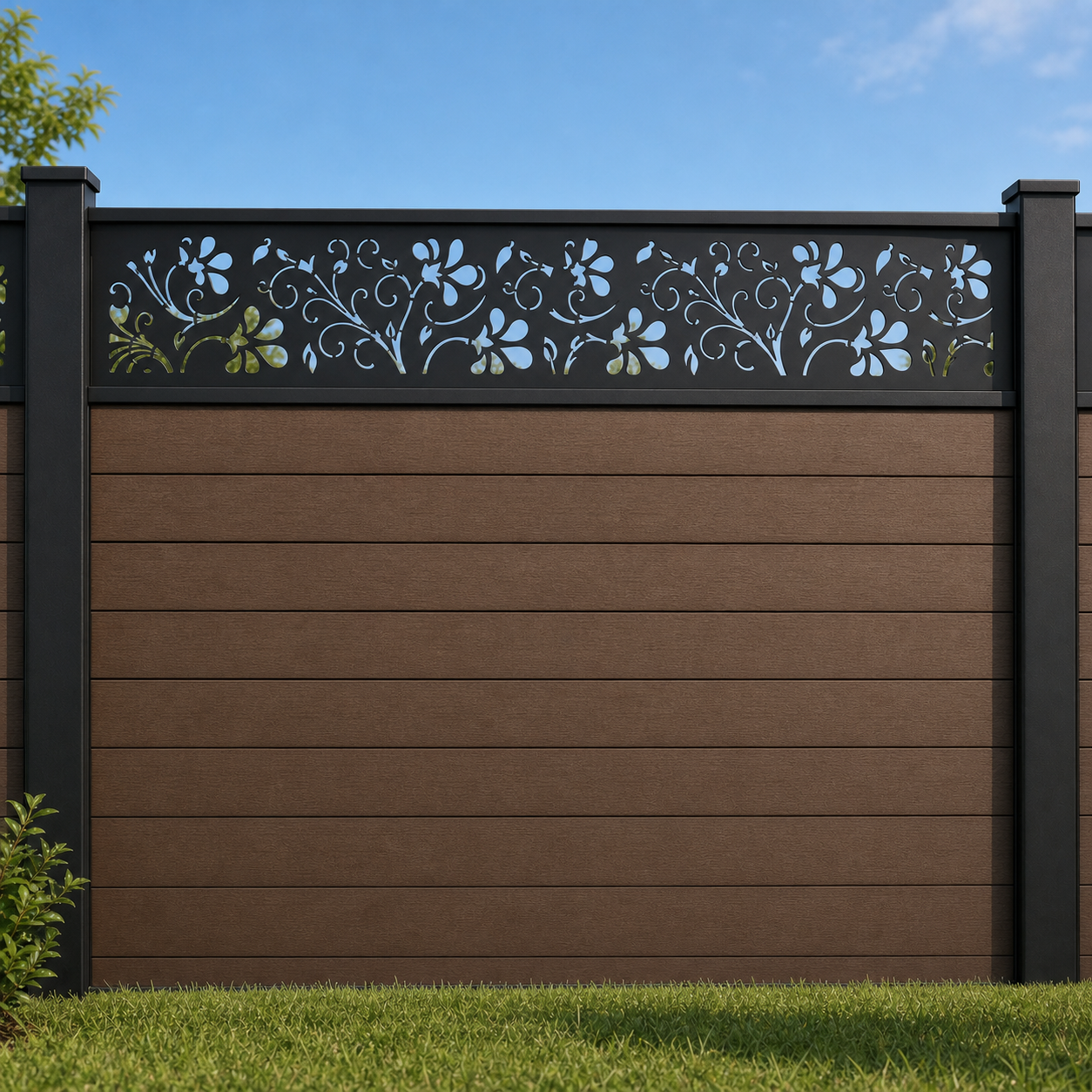 Rosette Vine metal fence topper installed above WPC composite privacy fence, front view, Design 012