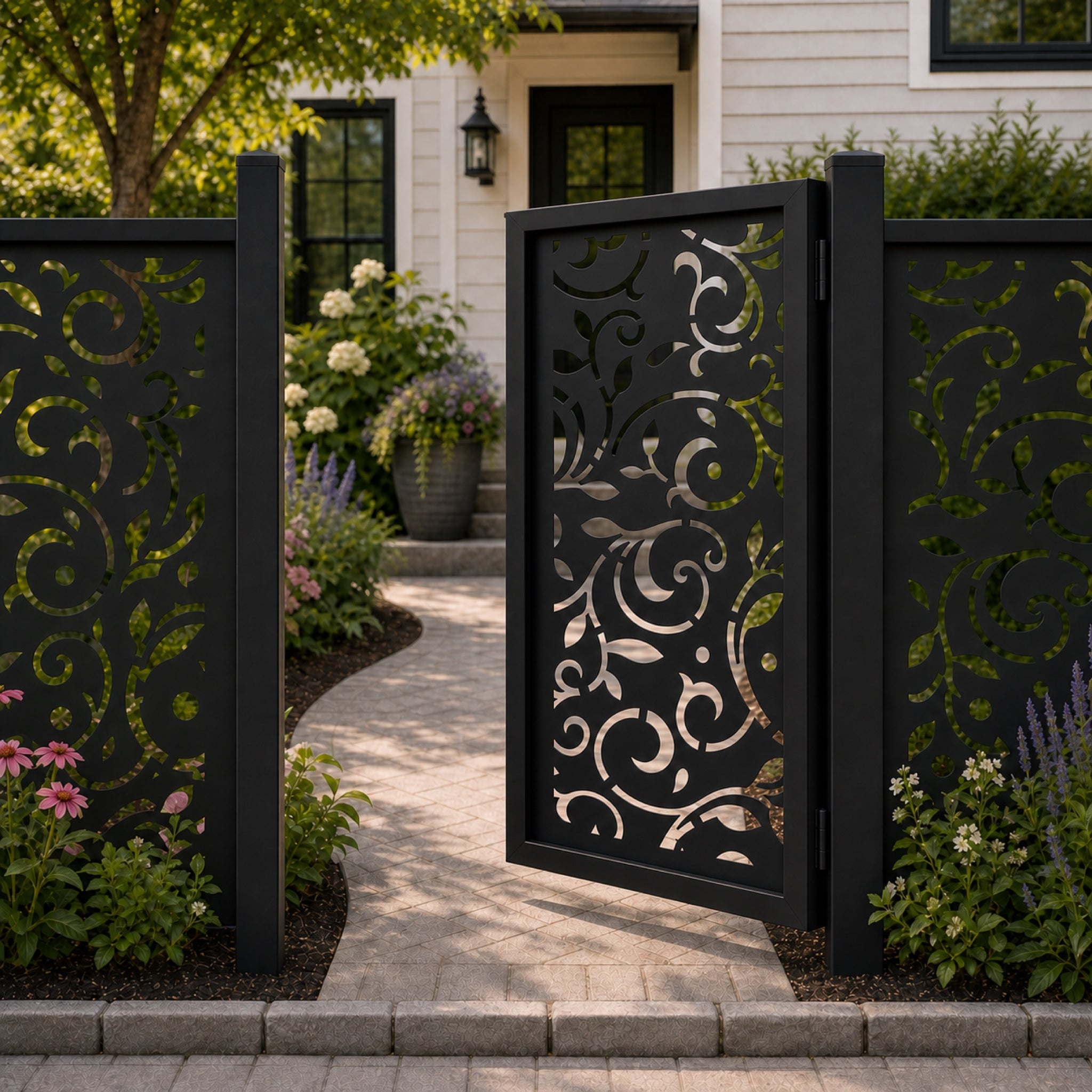 Design 013 large scroll vine leaf black aluminium side gate open view
