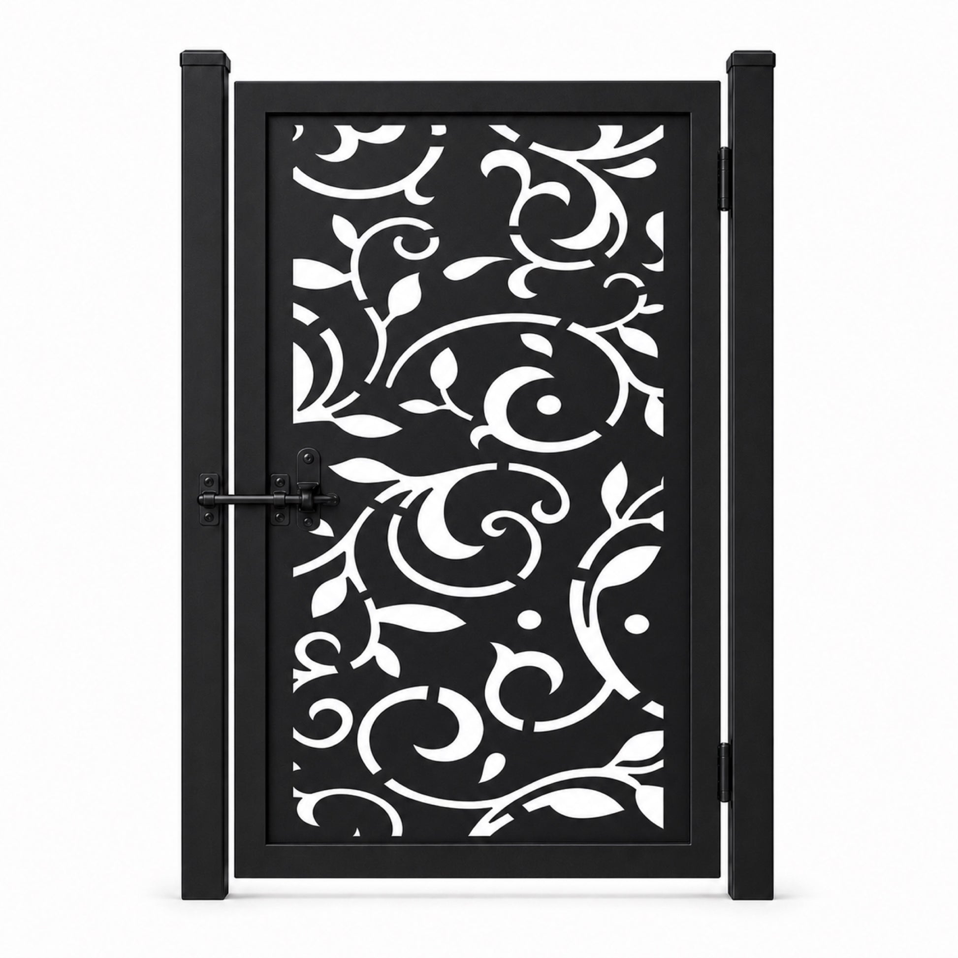 Design 013 large scroll vine leaf black laser cut metal pedestrian gate closed view