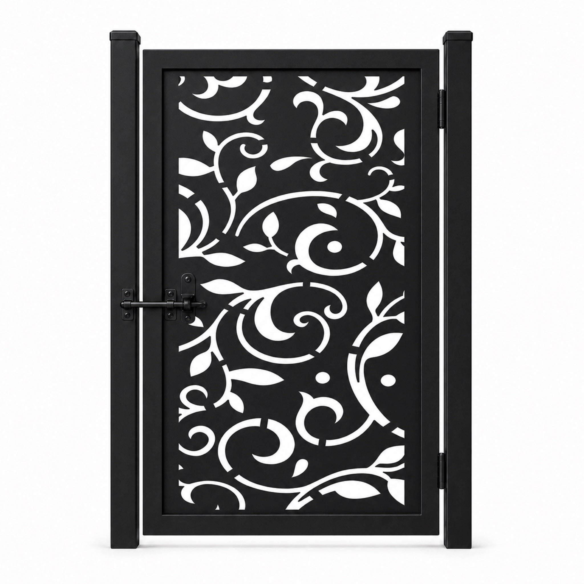 Design 013 large scroll vine leaf black laser cut metal pedestrian gate closed view