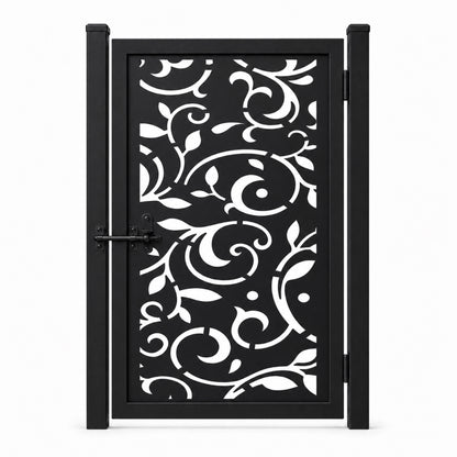 Design 013 large scroll vine leaf black laser cut metal pedestrian gate closed view