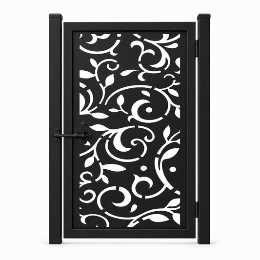 Design 013 large scroll vine leaf black laser cut metal pedestrian gate closed view