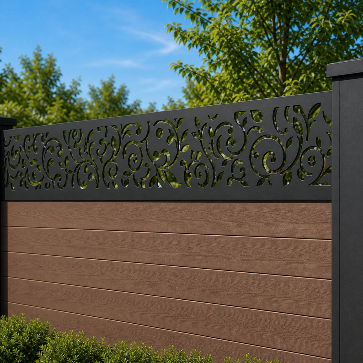 Micro Floral Lace laser cut fence extension panel installed on composite fence, angle view, Design 013