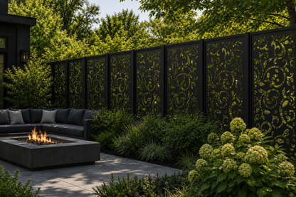 Design 013 Ornamental Scroll Laser Cut Metal Privacy Screen Panel installed garden daylight view