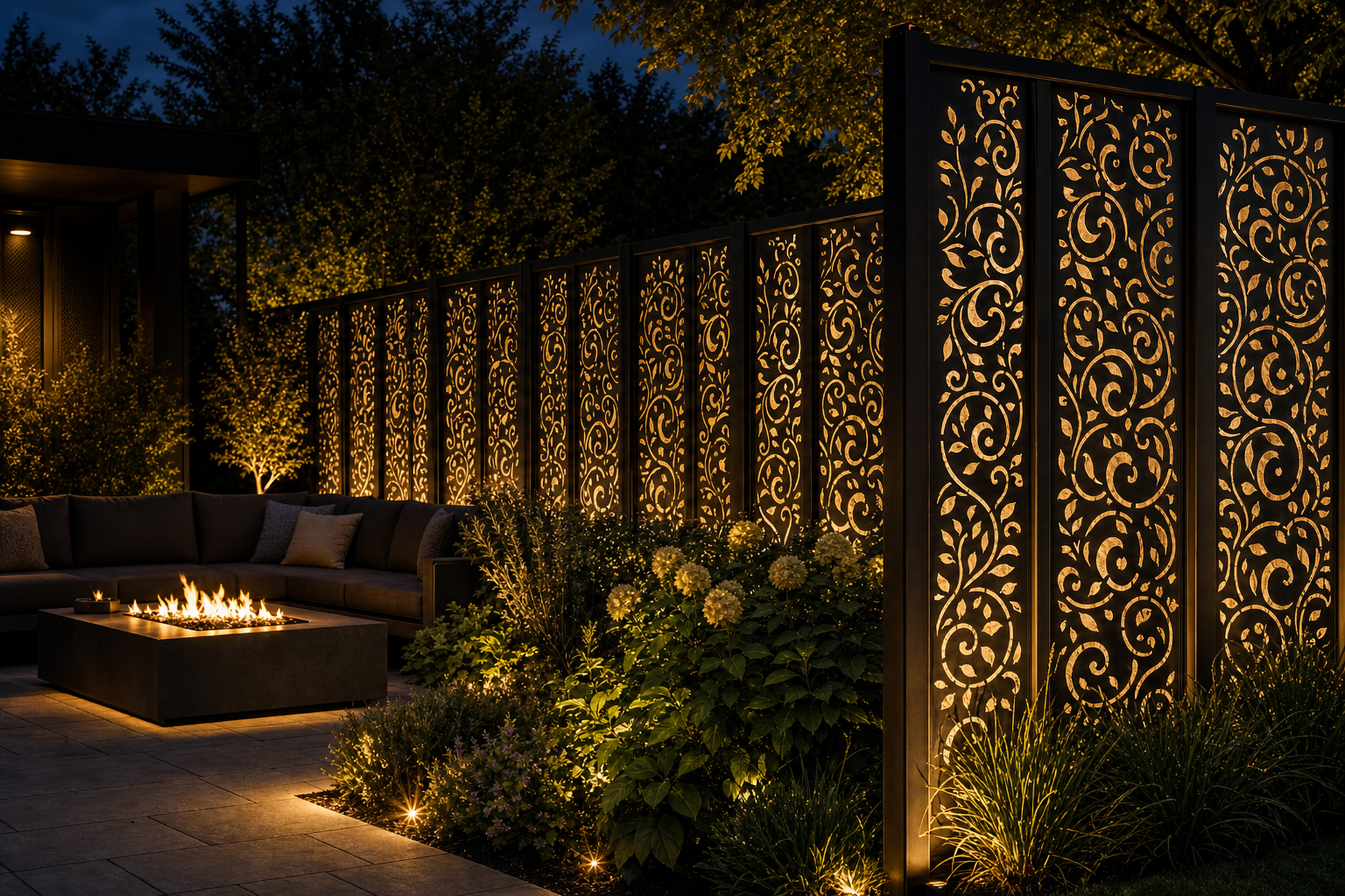 Design 013 Ornamental Scroll Laser Cut Metal Privacy Screen Panel installed garden night lighting view