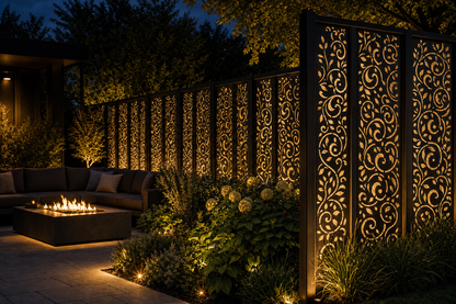 Design 013 Ornamental Scroll Laser Cut Metal Privacy Screen Panel installed garden night lighting view