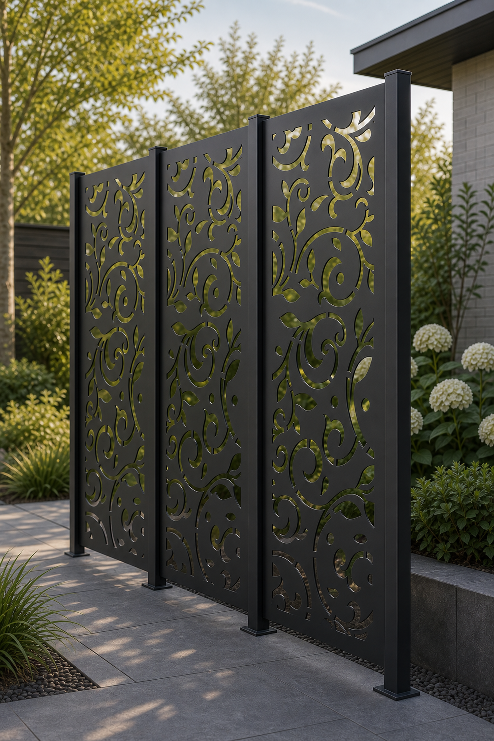 Design 013 Ornamental Scroll Laser Cut Metal Privacy Screen Panel oblique angle view