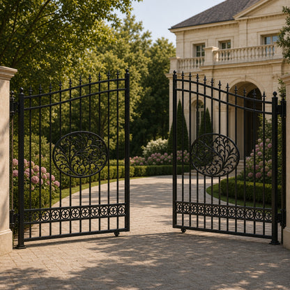 EONE Design 013 spear top ornamental iron style entry gate shown 30 degrees open for driveway entry view