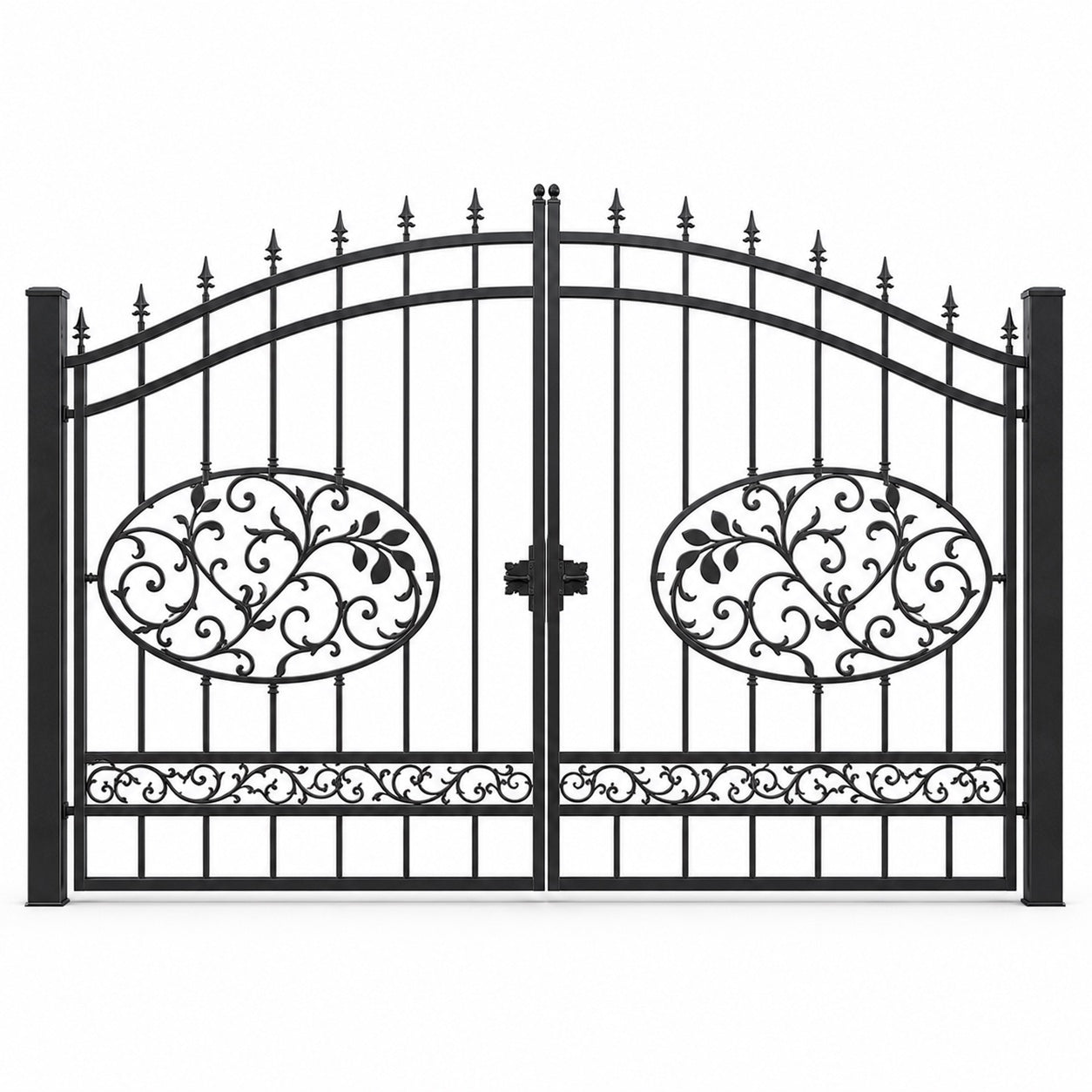 EONE Design 013 spear top ornamental iron style entry gate shown as a closed double swing estate driveway gate