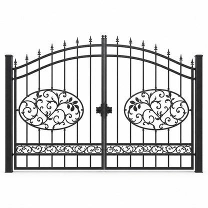 EONE Design 013 spear top ornamental iron style entry gate shown as a closed double swing estate driveway gate