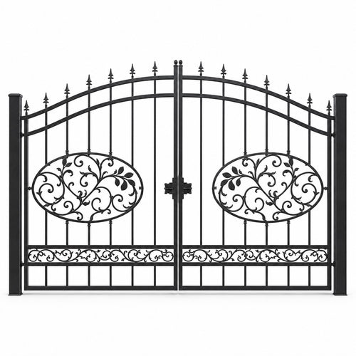 EONE Design 013 spear top ornamental iron style entry gate shown as a closed double swing estate driveway gate