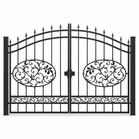 EONE Design 013 spear top ornamental iron style entry gate shown as a closed double swing estate driveway gate