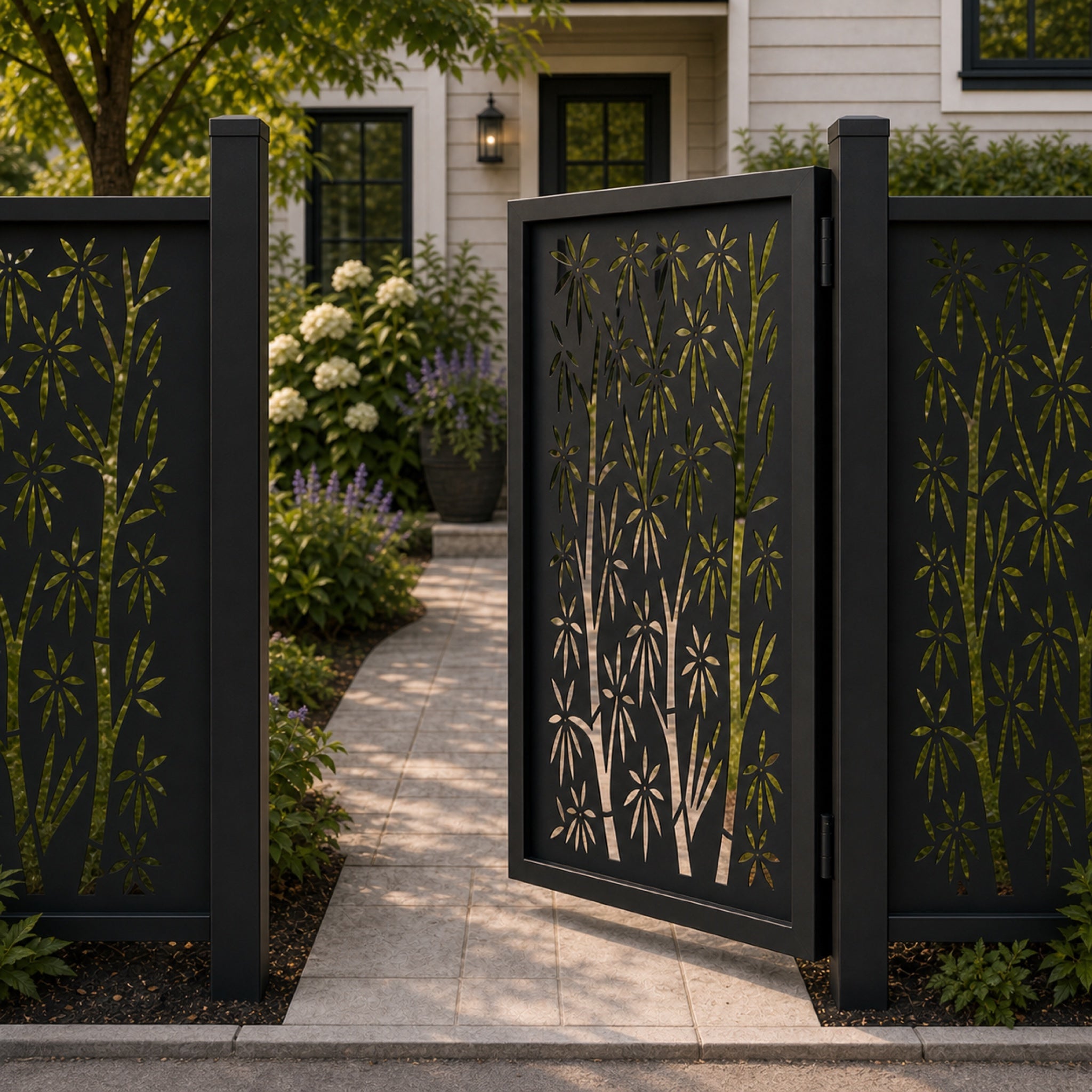 Design 014 bamboo floral leaf black aluminium side gate open view