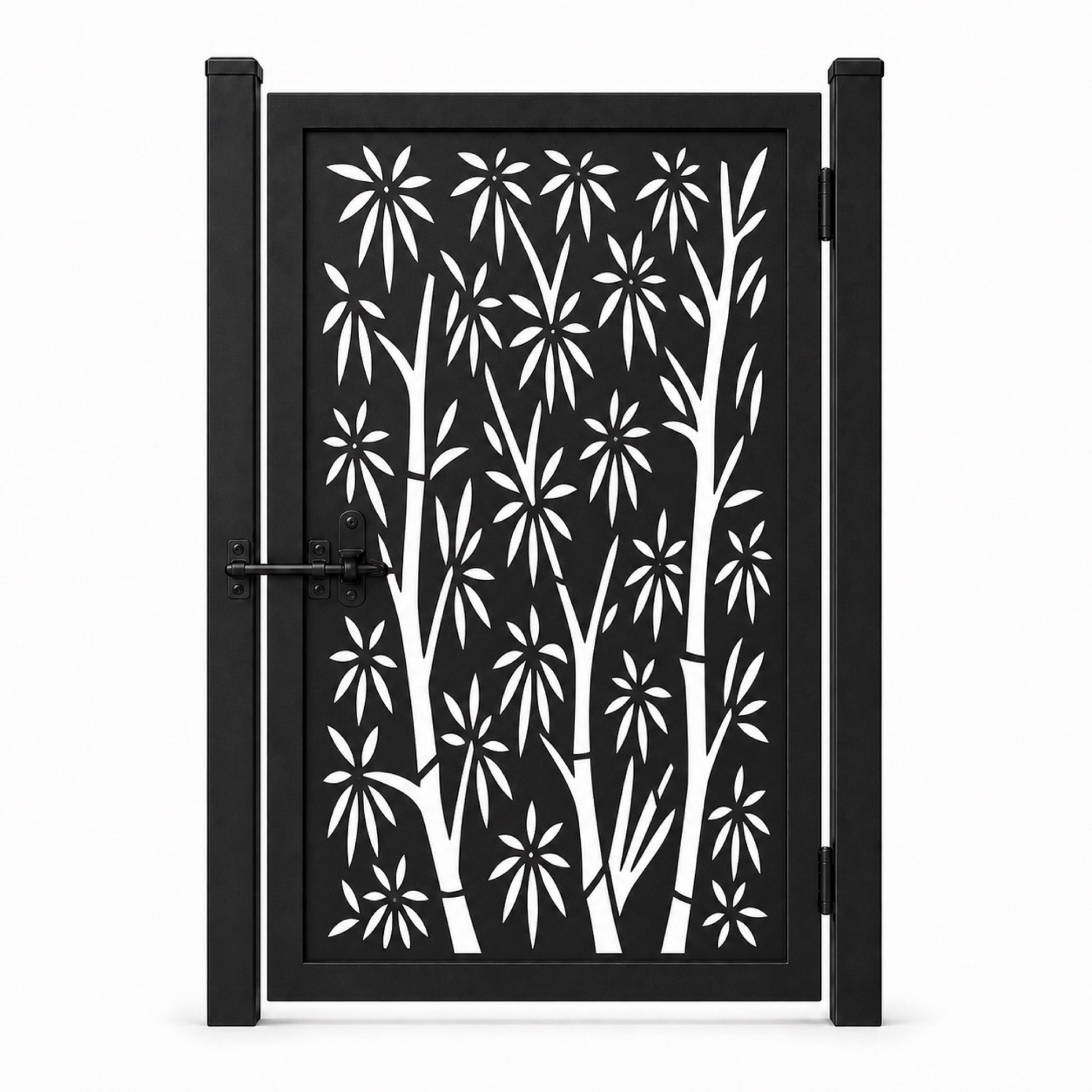Design 014 bamboo floral leaf black laser cut metal pedestrian gate closed view