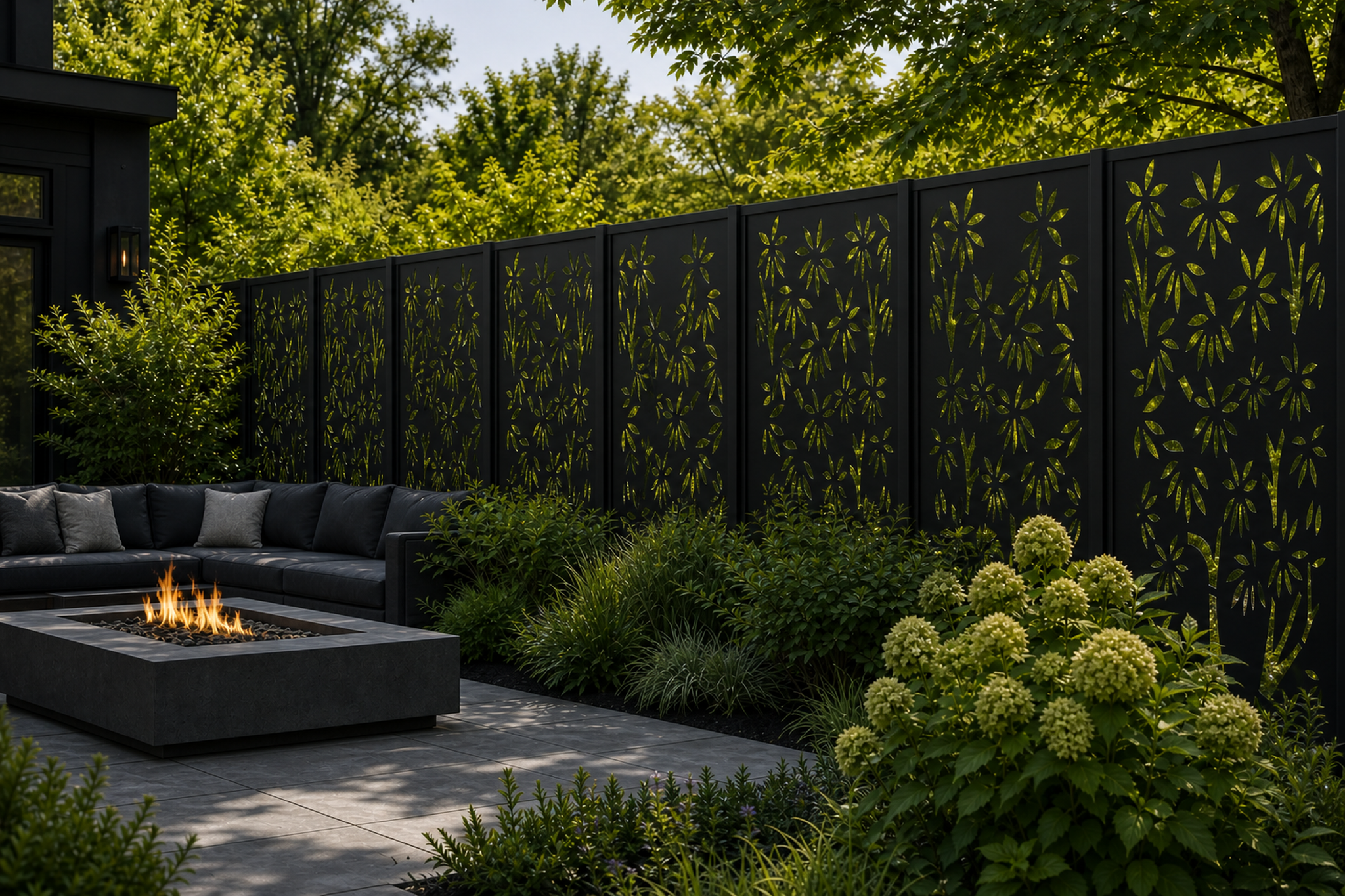 Design 014 Bamboo Flower Laser Cut Metal Privacy Screen Panel installed garden daylight view