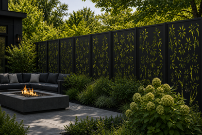 Design 014 Bamboo Flower Laser Cut Metal Privacy Screen Panel installed garden daylight view