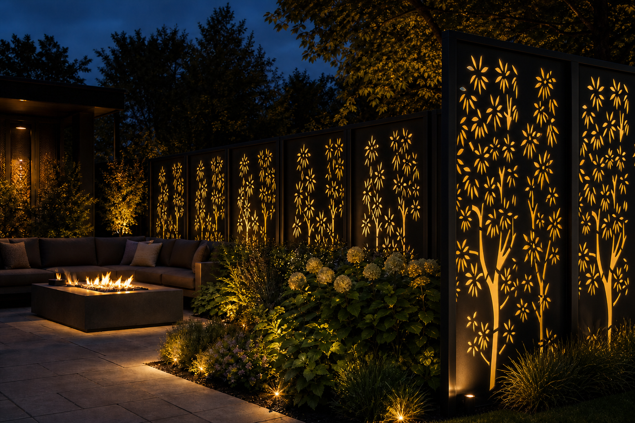 Design 014 Bamboo Flower Laser Cut Metal Privacy Screen Panel installed garden night lighting view