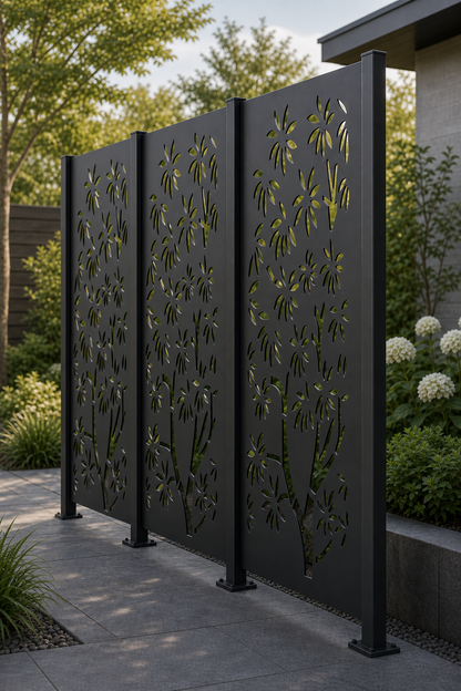 Design 014 Bamboo Flower Laser Cut Metal Privacy Screen Panel oblique angle view