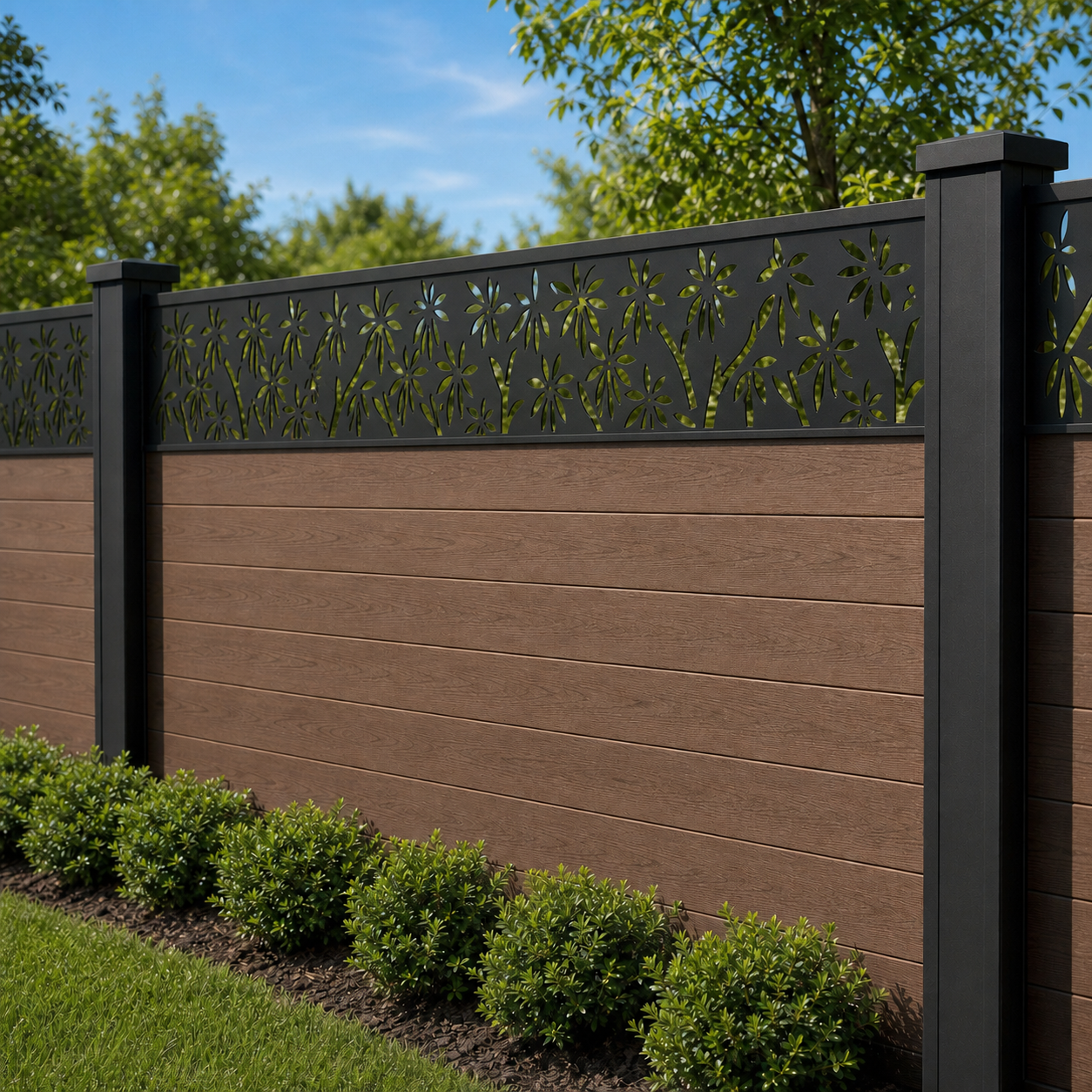 Spear Leaf Trellis laser cut fence extension panel installed on composite fence, angle view, Design 014