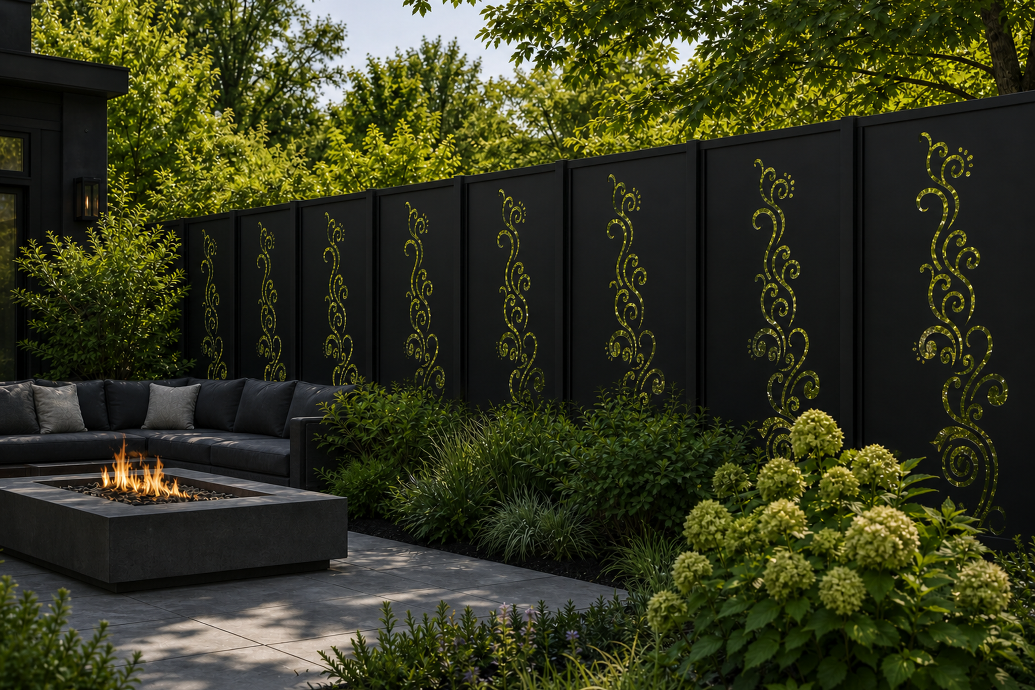 Design 015 Curved Stem Bloom Laser Cut Metal Privacy Screen Panel installed garden daylight view