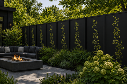 Design 015 Curved Stem Bloom Laser Cut Metal Privacy Screen Panel installed garden daylight view