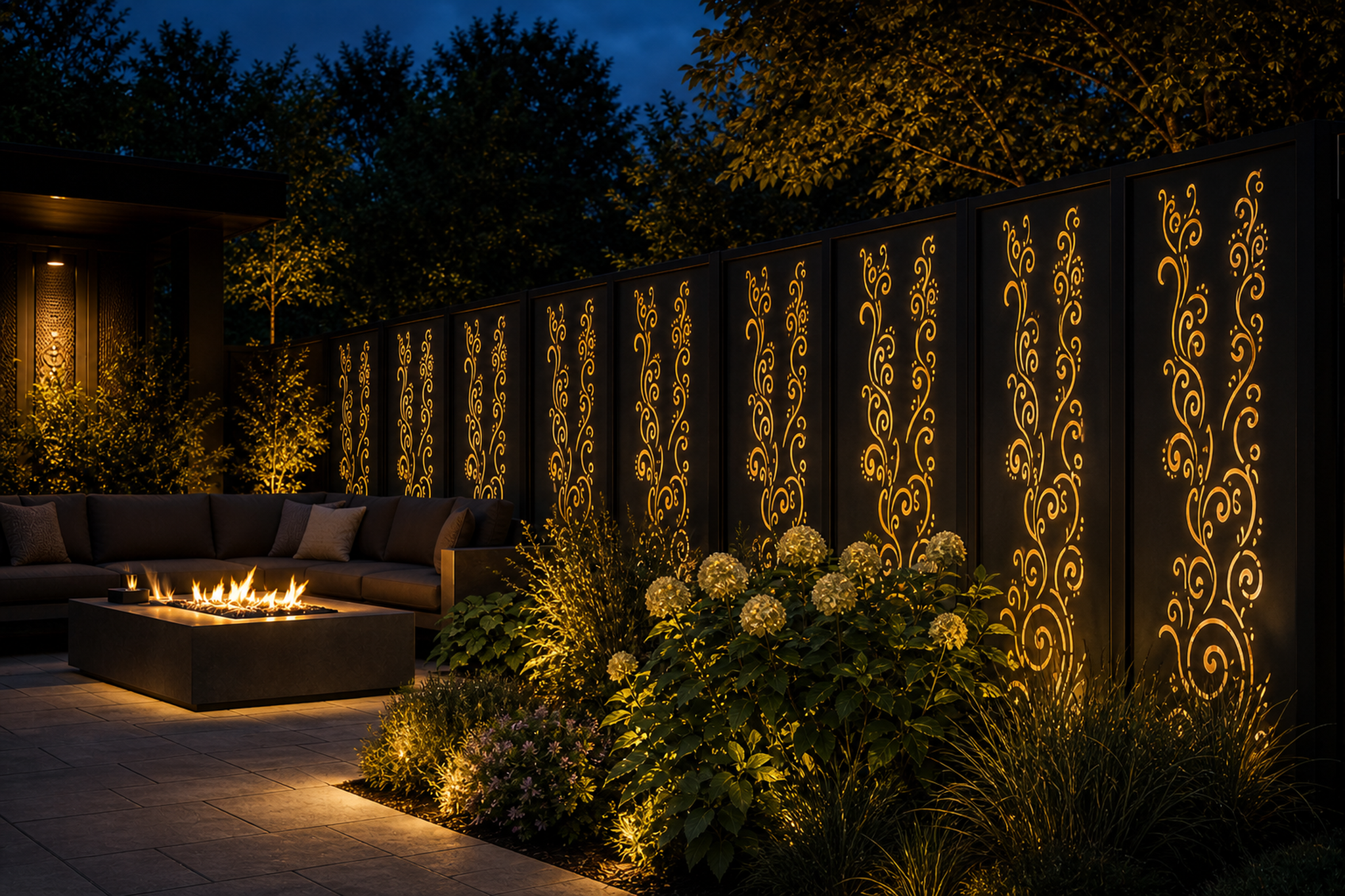 Design 015 Curved Stem Bloom Laser Cut Metal Privacy Screen Panel installed garden night lighting view