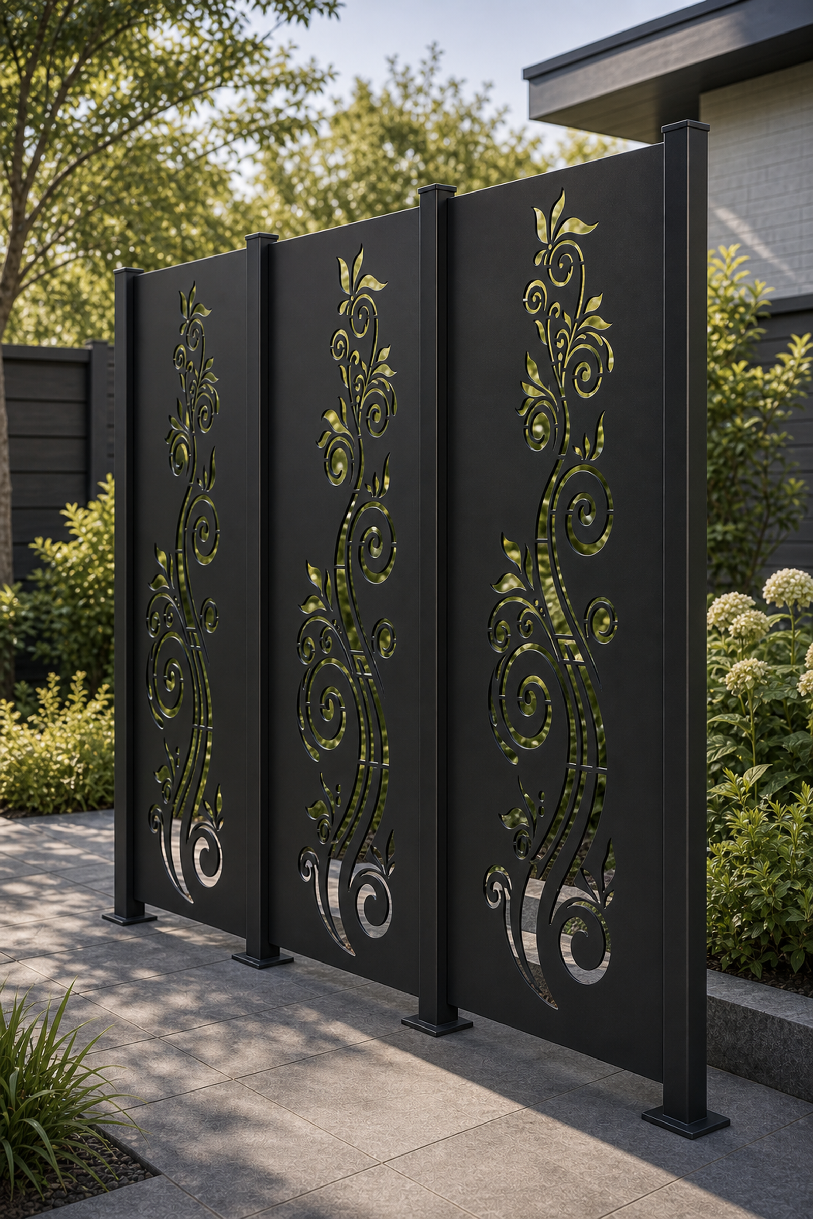 Design 015 Curved Stem Bloom Laser Cut Metal Privacy Screen Panel oblique angle view