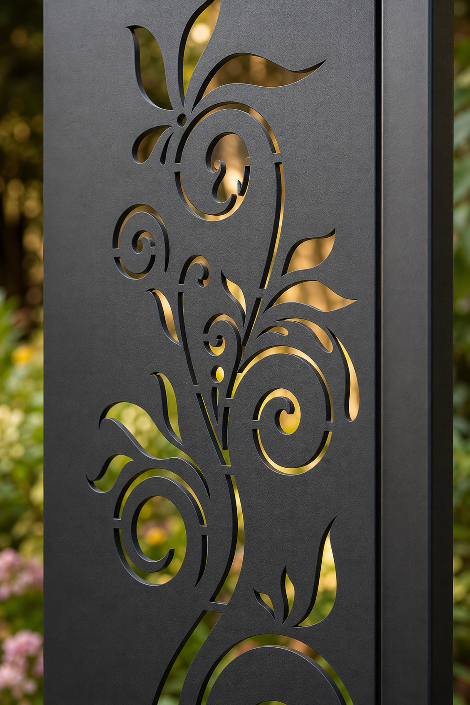 Design 015 Curved Stem Bloom Laser Cut Metal Privacy Screen Panel close-up detail view