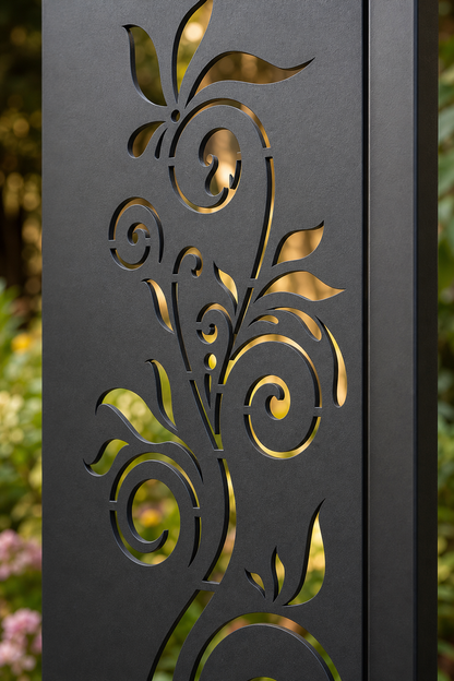 Design 015 Curved Stem Bloom Laser Cut Metal Privacy Screen Panel close-up detail view