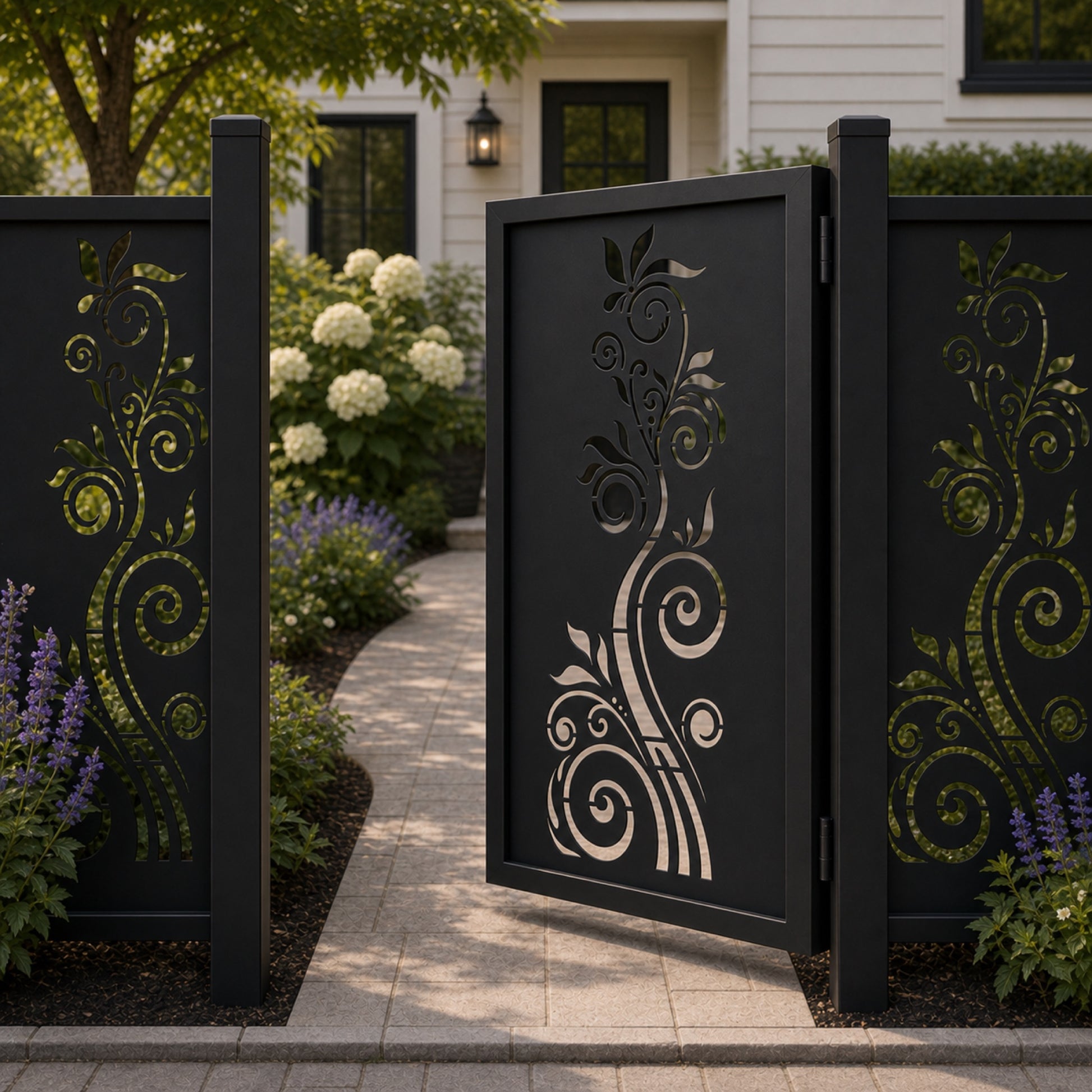 Design 015 single stem scrollwork black aluminium side gate open view