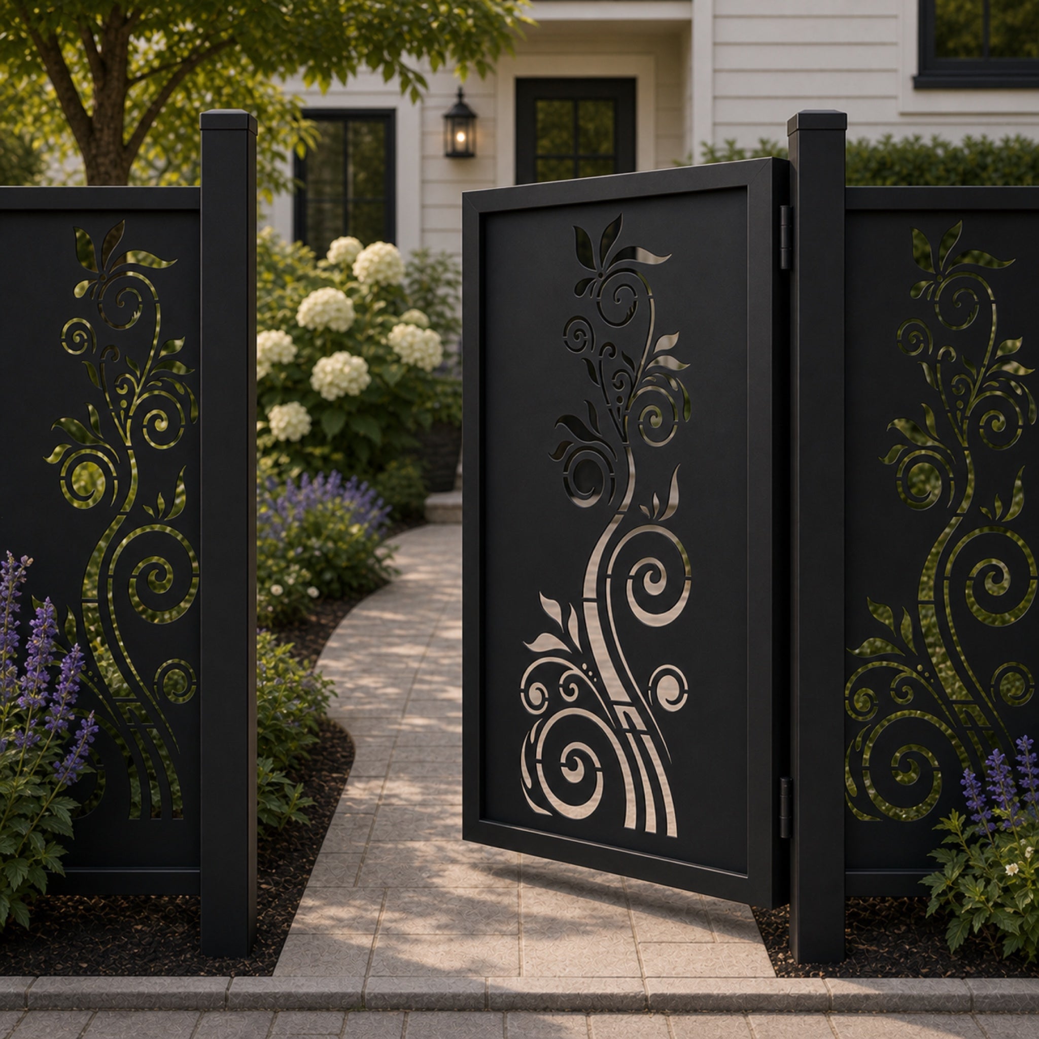 Design 015 single stem scrollwork black aluminium side gate open view
