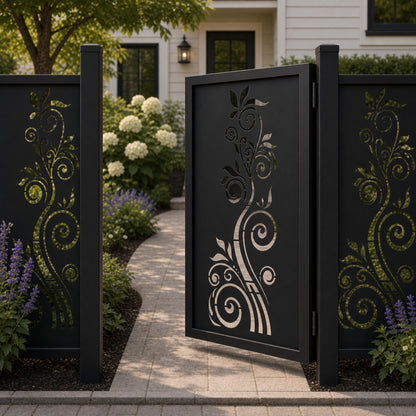 Design 015 single stem scrollwork black aluminium side gate open view