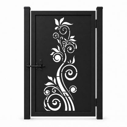 Design 015 single stem scrollwork black laser cut metal pedestrian gate closed view