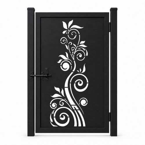 Design 015 single stem scrollwork black laser cut metal pedestrian gate closed view