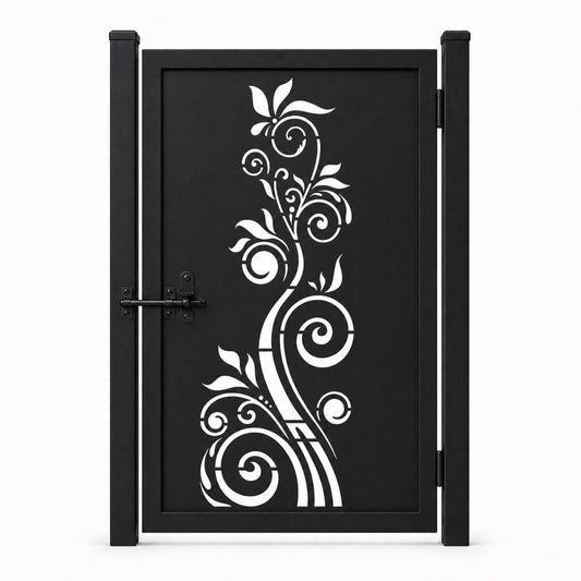Design 015 single stem scrollwork black laser cut metal pedestrian gate closed view