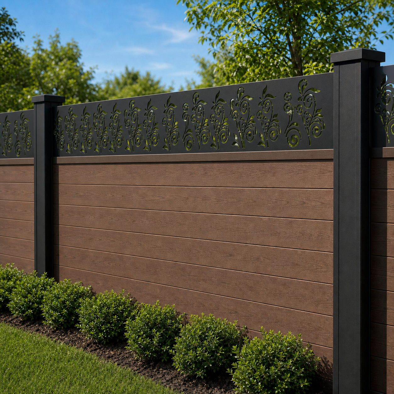 Slim Leaf Sprig laser cut fence extension panel installed on composite fence, angle view, Design 015