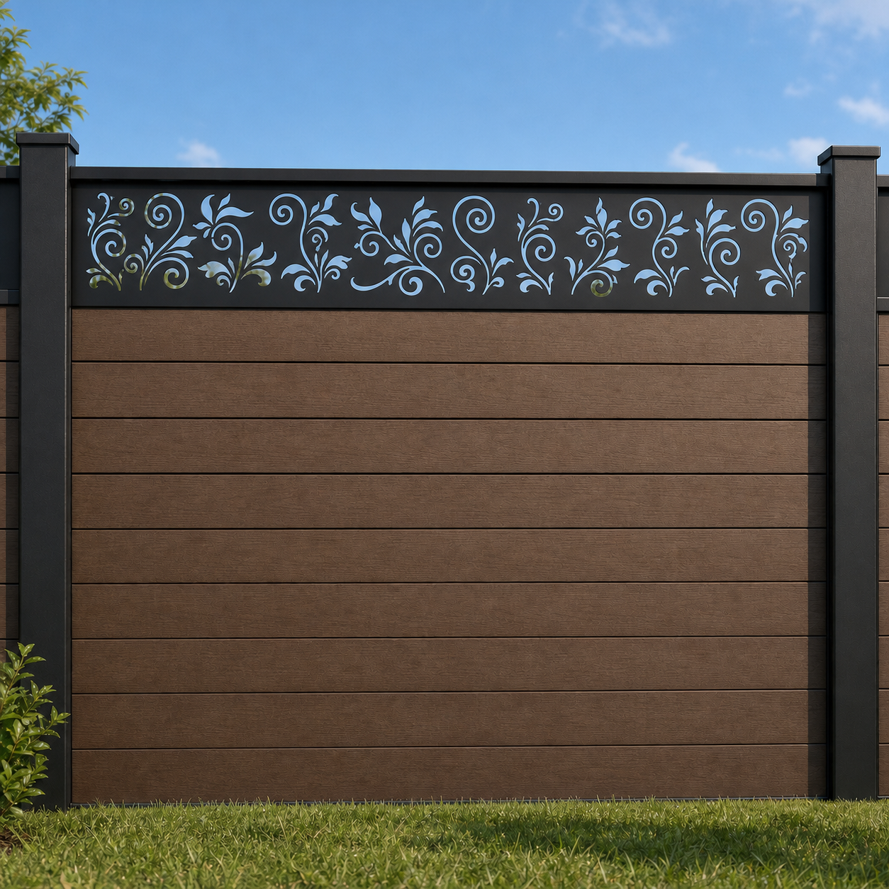 Slim Leaf Sprig metal fence topper installed above WPC composite privacy fence, front view, Design 015