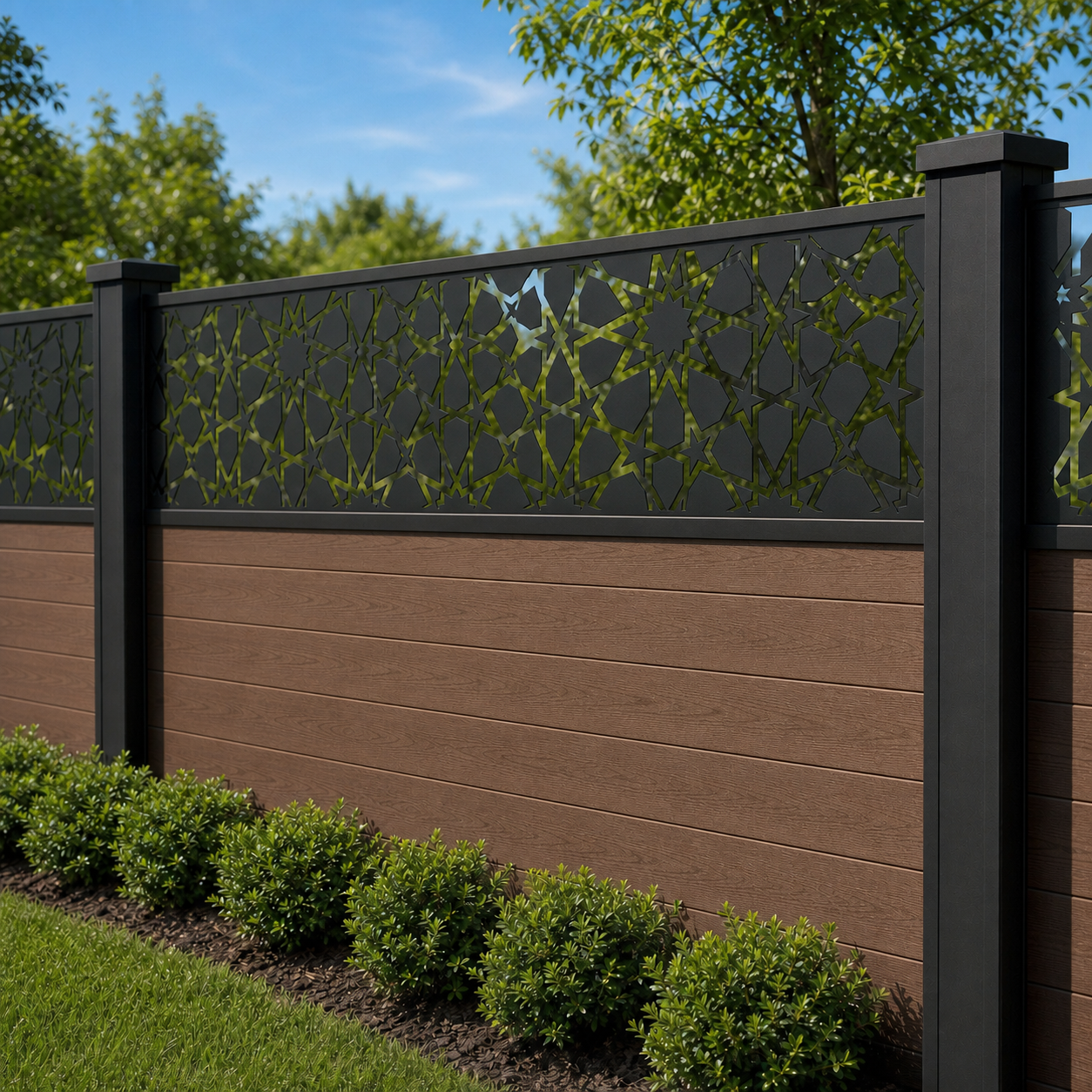 Daisy Circle Grid laser cut fence extension panel installed on composite fence, angle view, Design 016