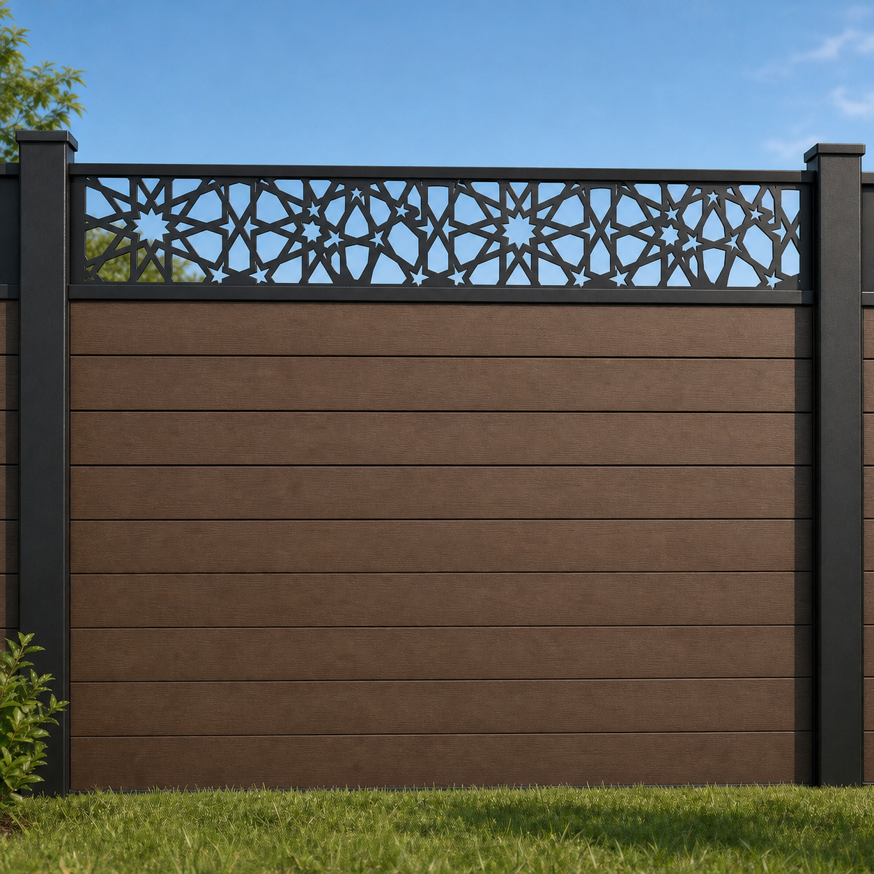 Daisy Circle Grid metal fence topper installed above WPC composite privacy fence, front view, Design 016