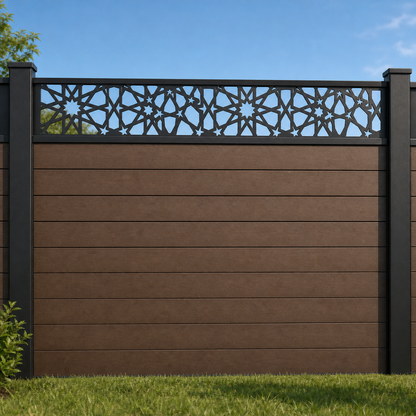 Daisy Circle Grid metal fence topper installed above WPC composite privacy fence, front view, Design 016