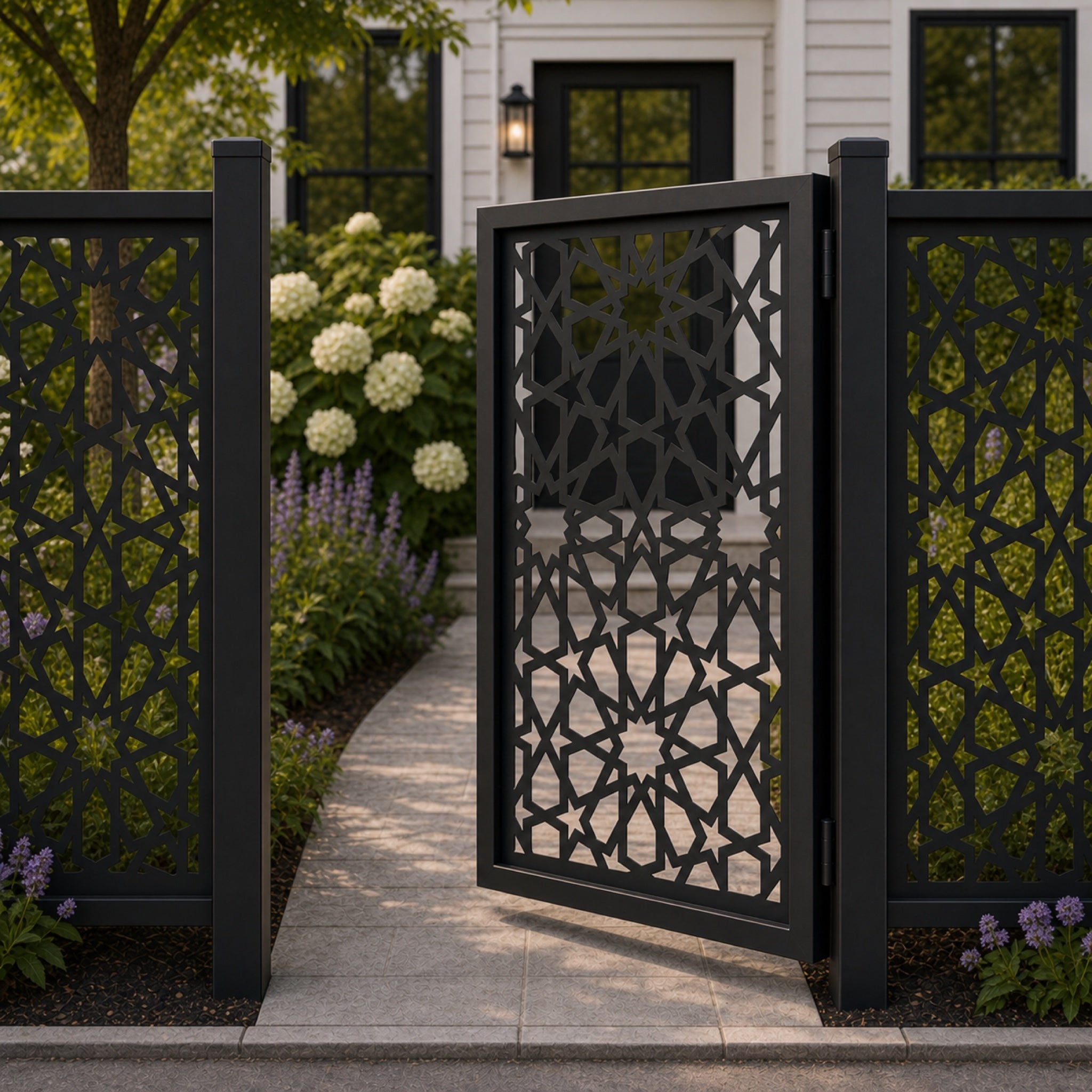 Design 016 geometric star black aluminium side gate open view