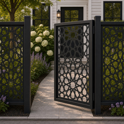 Design 016 geometric star black aluminium side gate open view