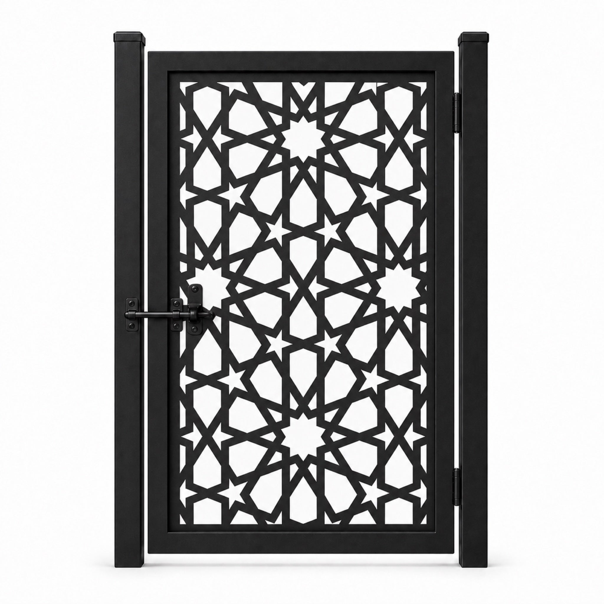 Design 016 geometric star black laser cut metal pedestrian gate closed view