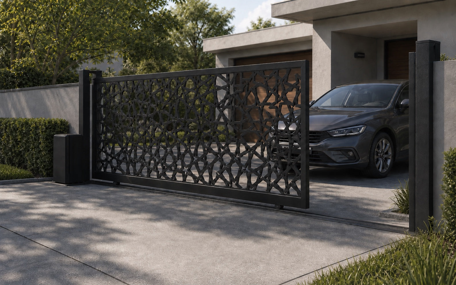 Design 016 modern security automatic aluminium sliding driveway gate shown half open with car clearance