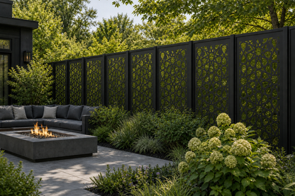 Design 016 Moroccan Star Laser Cut Metal Privacy Screen Panel installed garden daylight view
