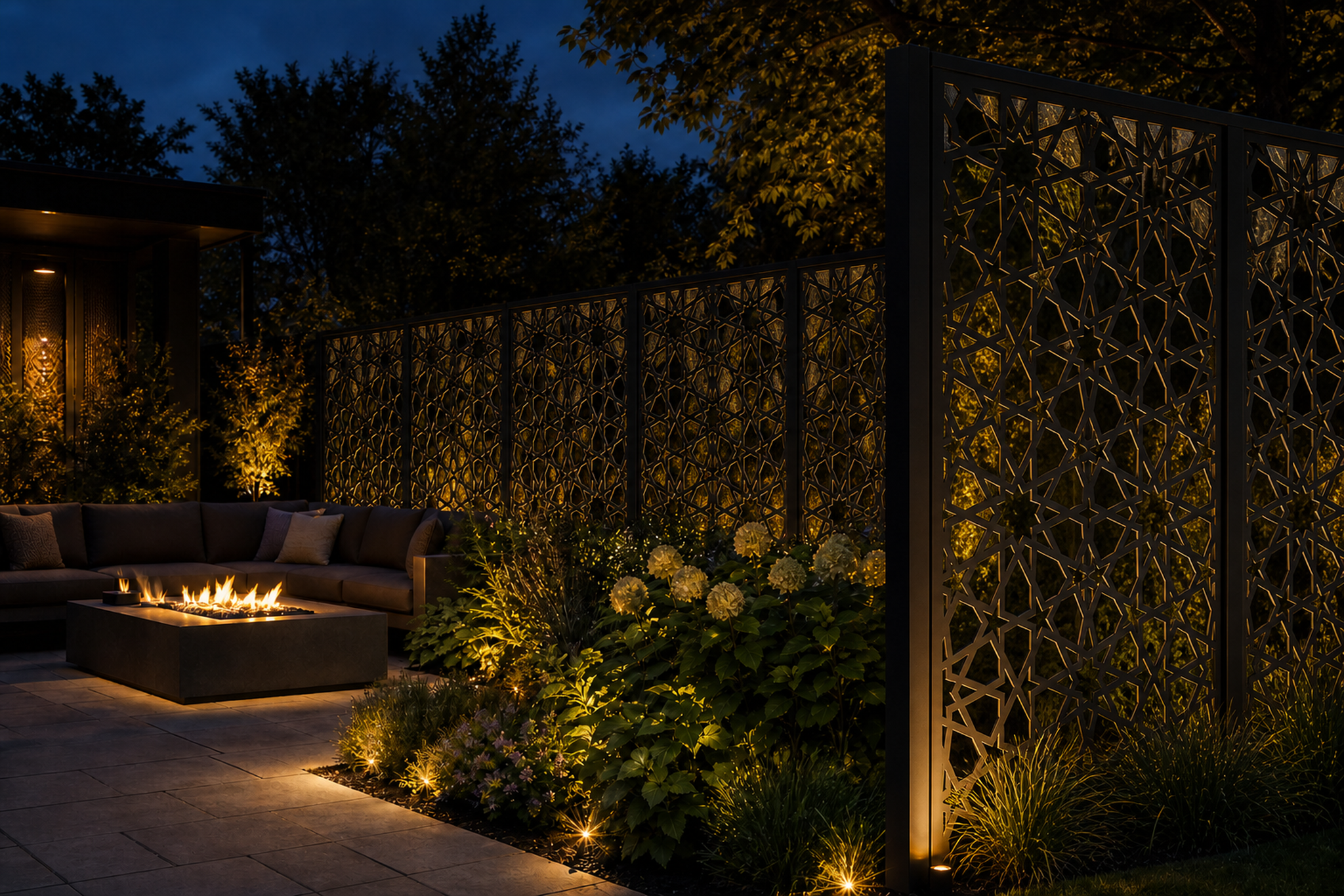 Design 016 Moroccan Star Laser Cut Metal Privacy Screen Panel installed garden night lighting view