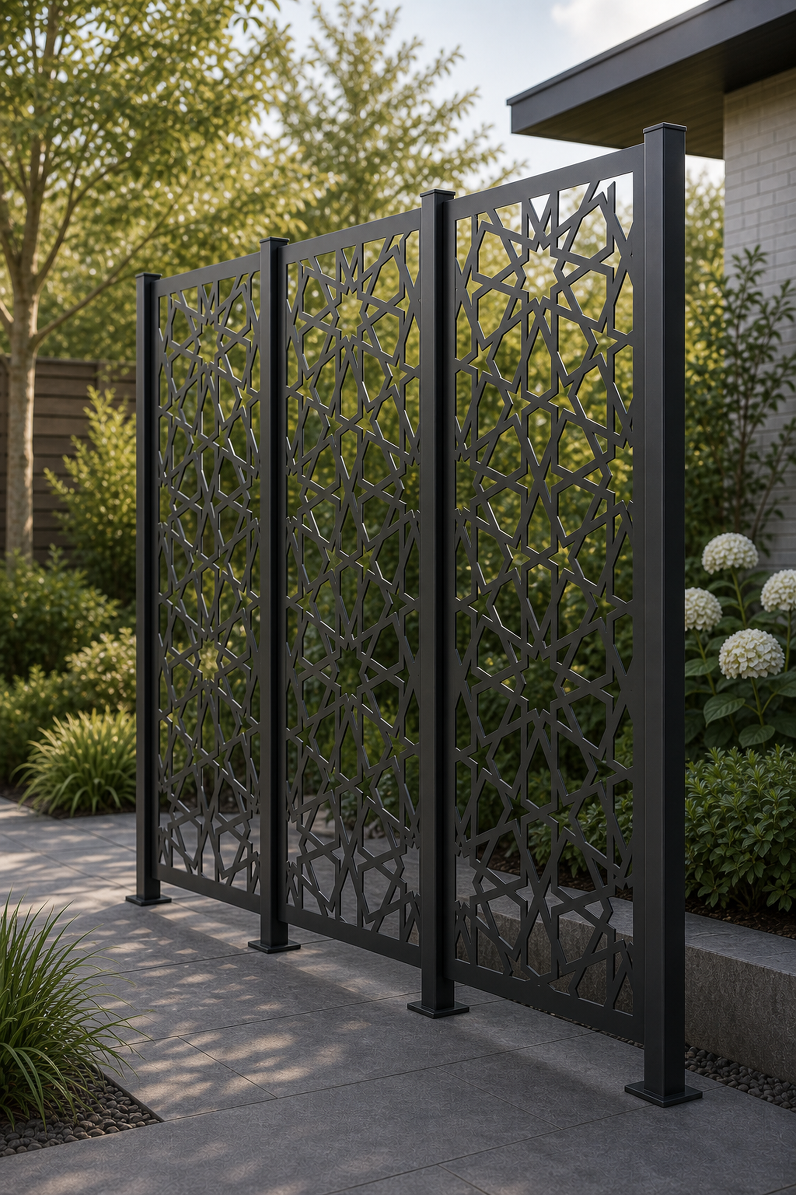 Design 016 Moroccan Star Laser Cut Metal Privacy Screen Panel oblique angle view