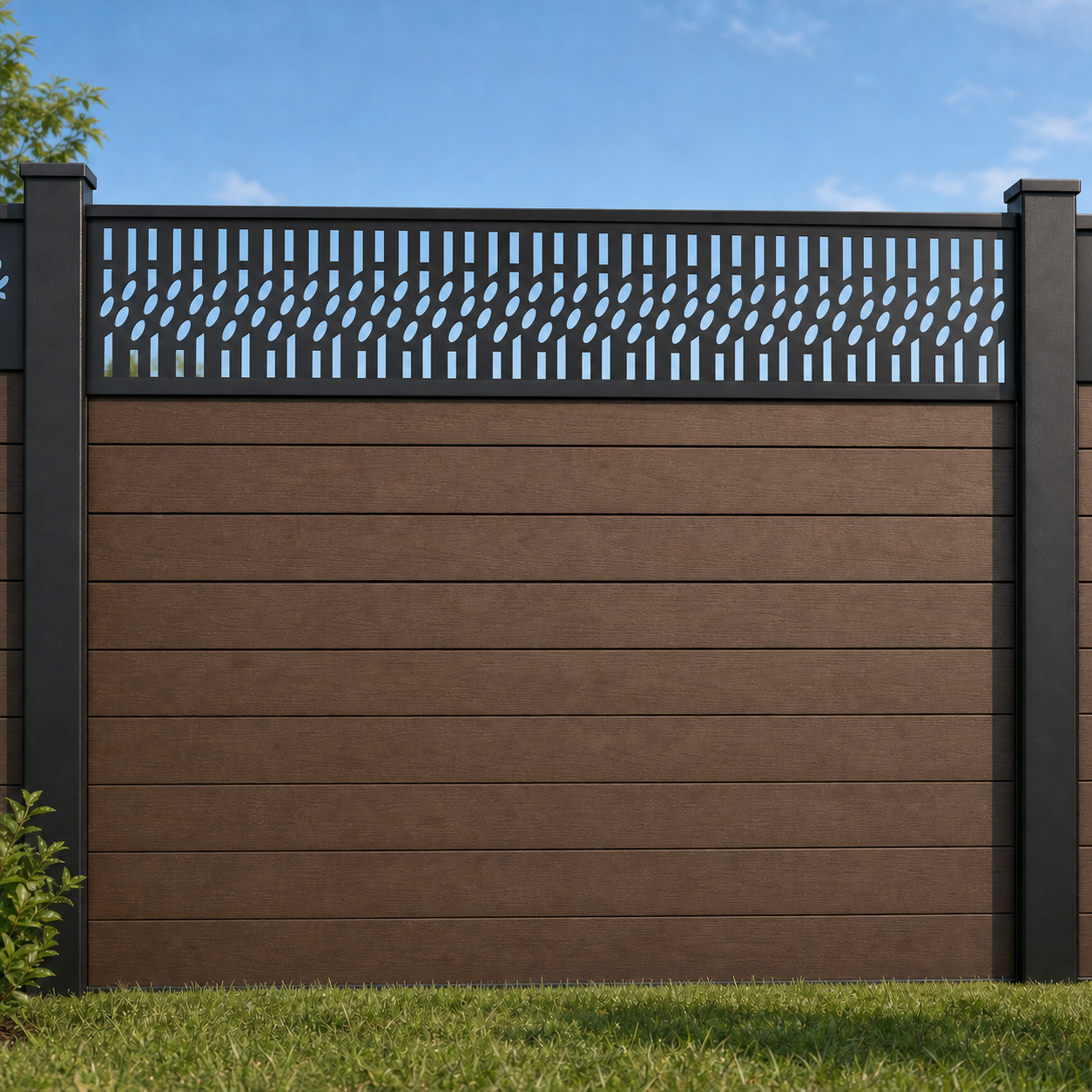 Fern Diagonal Lace metal fence topper installed above WPC composite privacy fence, front view, Design 017